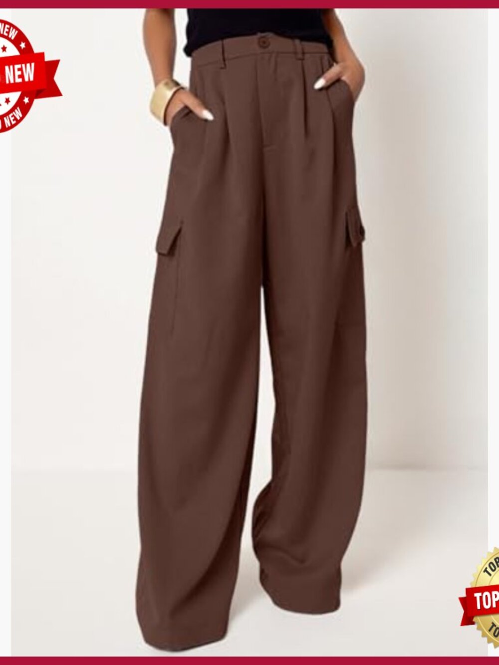 High Waisted Wide Leg Cargo Pants with 4 Pockets Casual Work Pants - Picture 2 of 6